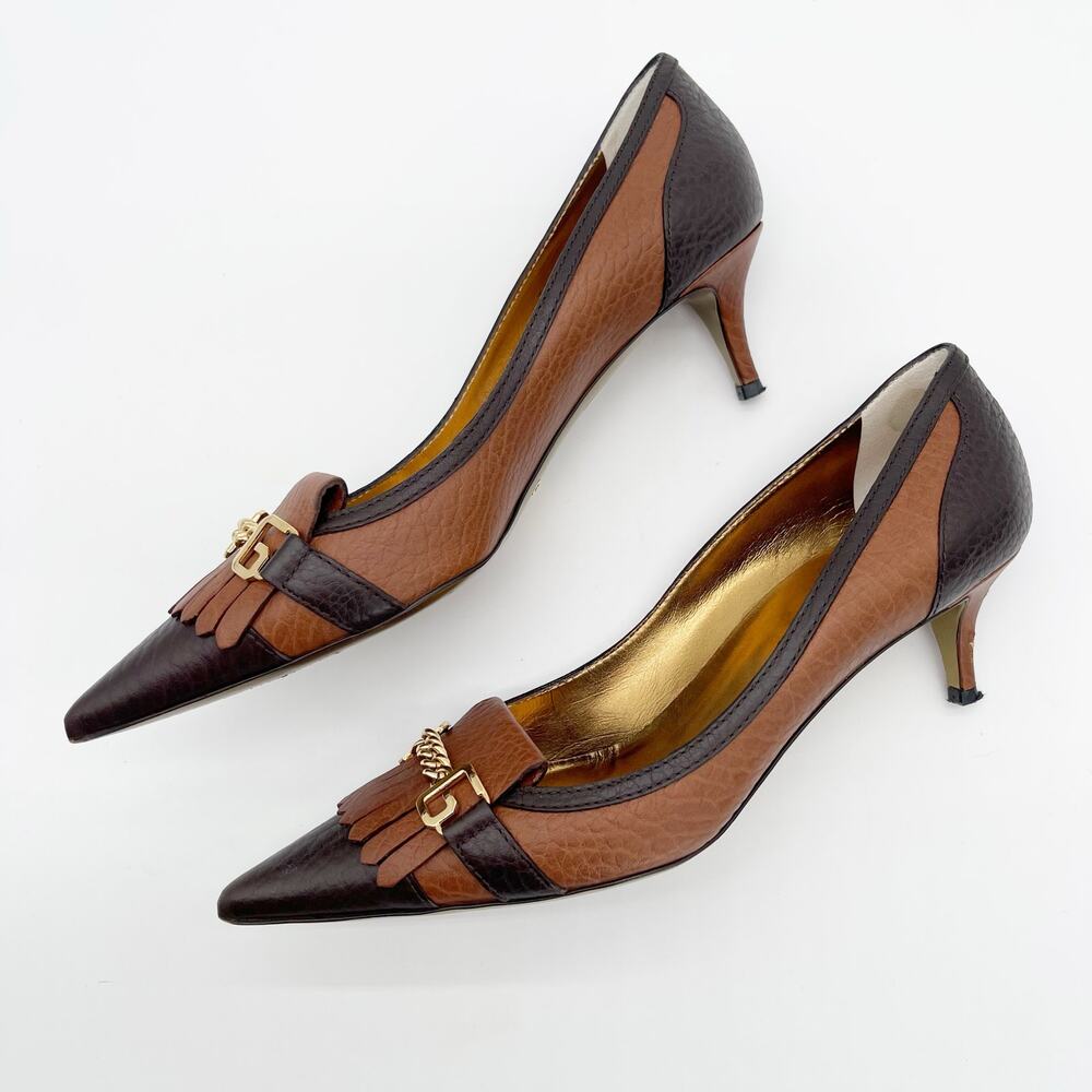 Dolce & Gabbana Vintage Brown Leather Fringe DG Chain Cap Toe Kitten Heels IT 40 - Picture 6 of 13